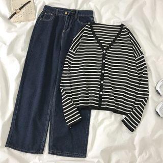Striped V-neck Cardigan / Straight-cut Jeans
