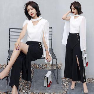 Set: Sheer Sleeve Panel V-neck Top + Slit Wide-leg Pants