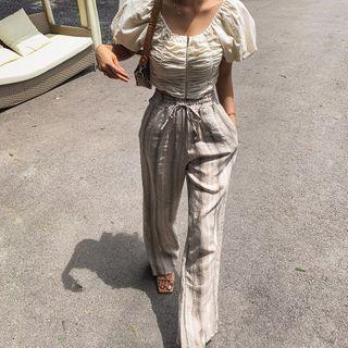 Striped Linen Wide-leg Pants Beige - One Size