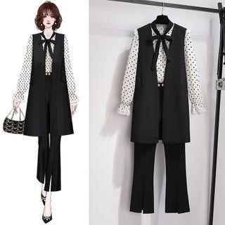 Plain Vest / Bow-neck Dotted Blouse / Boot-cut Pants / Set