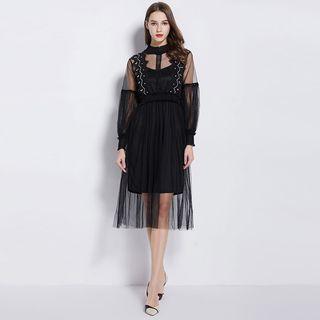 Set: Balloon-sleeve Midi A-line Mesh Dress + Slipdress