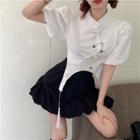 Short-sleeve Frog-button Tasseled Cropped Blouse