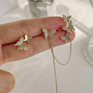 Butterfly Chained Asymmetrical Earring 1 Pair - Gold - One Size