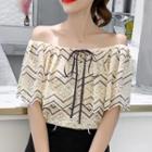 Elbow-sleeve Perforated Paneled Patterned Chiffon Top