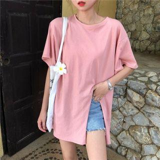 Slit Hem Elbow Sleeve Long T-shirt