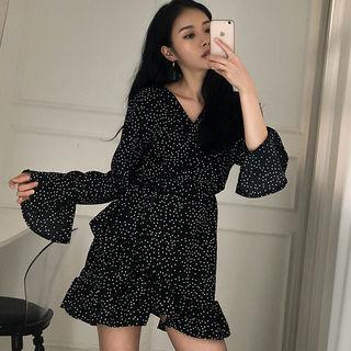 Long-sleeve Ruffle-edge Polka-dot Mini Dress