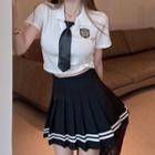 Long-sleeve Embroidered Collared T-shirt / Short-sleeve T-shirt / Tie / Striped Mini Pleated Skirt / Set