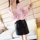 Long-sleeve Gather-cuff Striped Blouse