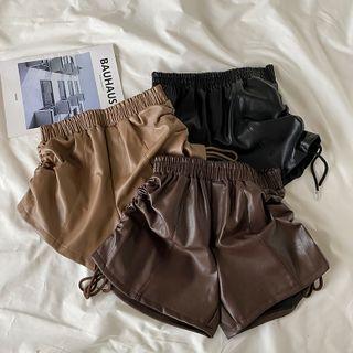 Faux Leather High-waist Drawstring Wide-leg Shorts