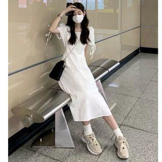 Puff-sleeve Square Neck Midi A-line Dress White - One Size