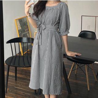 Checked Puff-sleeve Midi A-line Dress