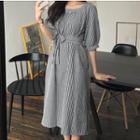 Checked Puff-sleeve Midi A-line Dress