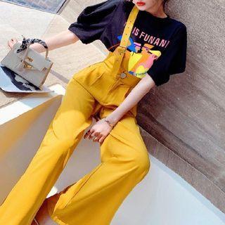 Set: Puff-sleeve Print T-shirt + One-shoulder Jumper Pants