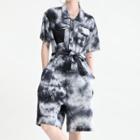 Short-sleeve Tie Dye Romper Tie Dyed - Black & Gray - One Size