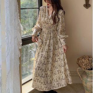 Long-sleeve Flower Print Midi A-line Dress Grayish Brown & Off-white - One Size