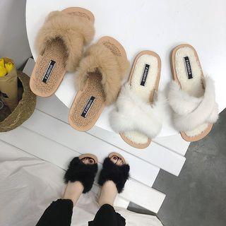 Faux-fur Cross Strap Slippers