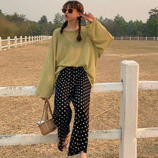 Plain Long-sleeve Knit Top / Polka Dot Wide-leg Pants