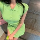 Cap-sleeve Polo-neck Knit Mini Sheath Dress Green - One Size