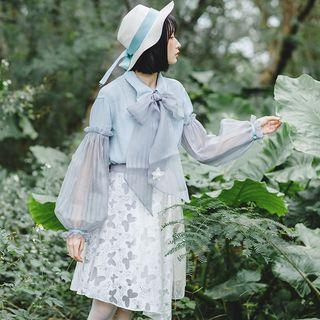 Tie-neck Balloon-sleeve Panel Blouse