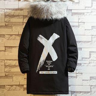 Cross Print Hooded Long Zip Coat