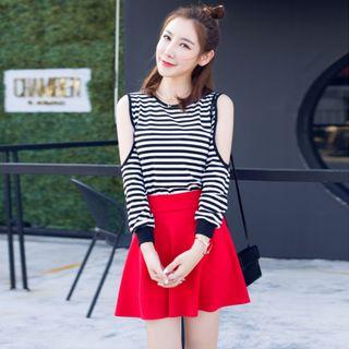 Set: Cutout Shoulder Stripe Top + Pleated A-line Skirt