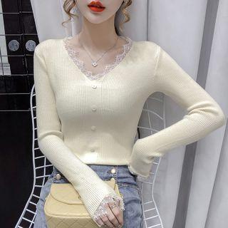 Lace Trim Long-sleeve Plain Knit Top