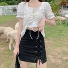 Short Sleeve Square Neck Cropped Top / Lace-up Mini A-line Skirt / Wide-leg Pants