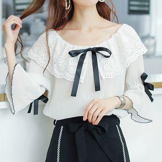 Elbow-sleeve Eyelet Lace Collar Chiffon Blouse