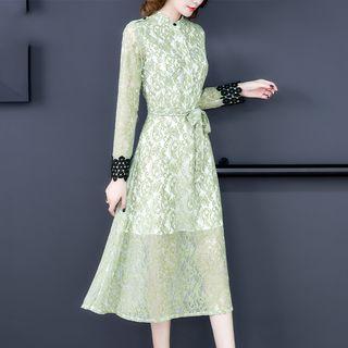 Tie-waist Long-sleeve A-line Midi Lace Dress