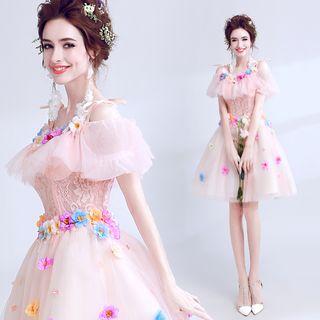 Flower Applique Lace Panel Mini Prom Dress
