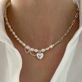 Heart Pendant Faux Pearl Sterling Silver Choker D632 - 1 Pc - Silver & White - One Size
