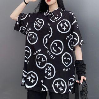 Elbow-sleeve Smiley Face Print Shirt Black - One Size