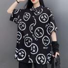 Elbow-sleeve Smiley Face Print Shirt Black - One Size