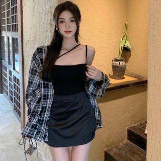 Asymmetrical Camisole Top / Plaid Shirt