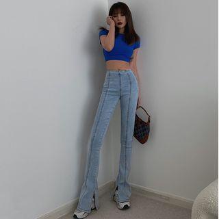 Side-slit High-waist Skinny Jeans