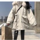 Furry Trim Hooded Padded Coat Khaki - One Size