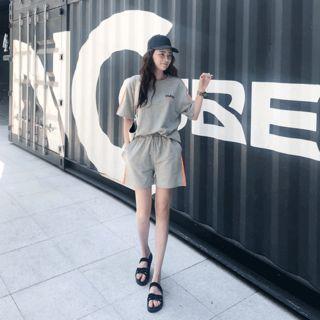 Set: Contrast-trim Letter Print T-shirt + Sweat Shorts