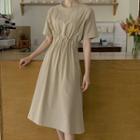 Gathered-waist Long Flare Dress Beige - One Size