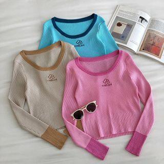 Embroidered Color-block Crewneck Long-sleeve Slim-fit Top
