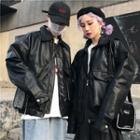 Couple Matching Faux Leather Biker Jacket Black - One Size