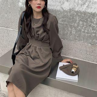 Puff Sleeve Plain Pleated Dress