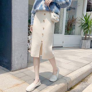 Buttoned Slit Midi Knit Skirt