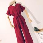V-neck Tie Waist Jumpsuit
