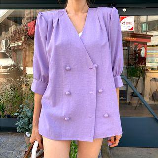 3/4-sleeve Double-breast Blazer Purple - One Size