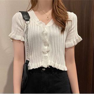 Short-sleeve V-neck Button-up Lettuce Edge Knit Crop Top