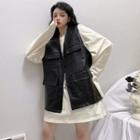 Front Pocket Sleeveless Faux-leather Jacket Black - One Size