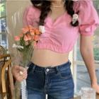 Plain Puff-sleeve Cropped Blouse Pink - One Size
