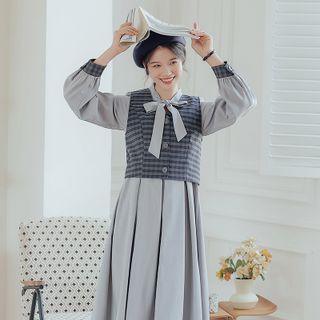 Set: Long-sleeve Midi A-line Dress + Plaid Single-breasted Vest