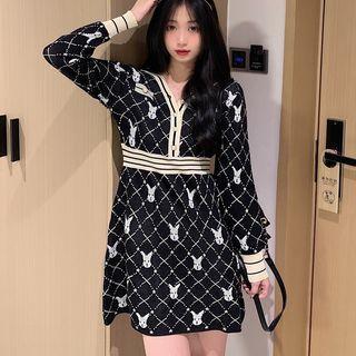 Long-sleeve V-neck Pattern Knit A-line Dress