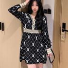 Long-sleeve V-neck Pattern Knit A-line Dress